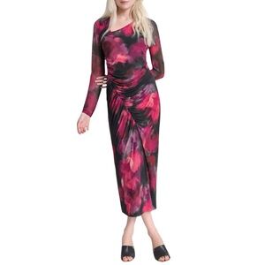 DKNY Women's Dress Plus Sz 20W Ruched Long Sleeve Floral Cocktail Party Wedding